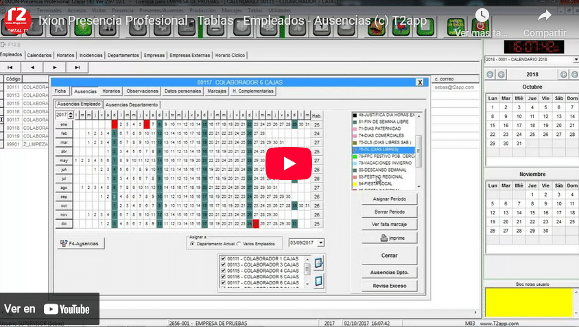 Empleados- Ausencias Captura de pantalla del video de T2app control y seguridad En youtube