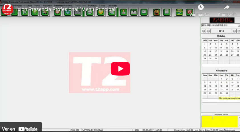 Pantalla Principal y menus Captura de pantalla del video de T2app control y seguridad En youtube