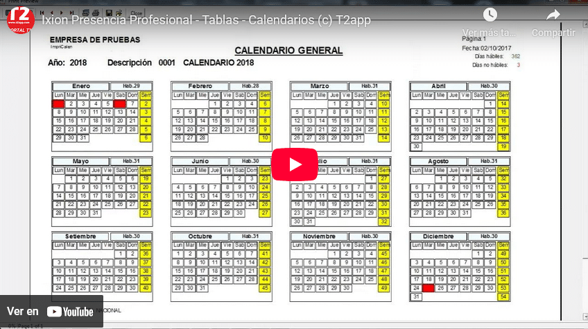 Tabla- Calendario Captura de pantalla del video de T2app control y seguridad En youtube